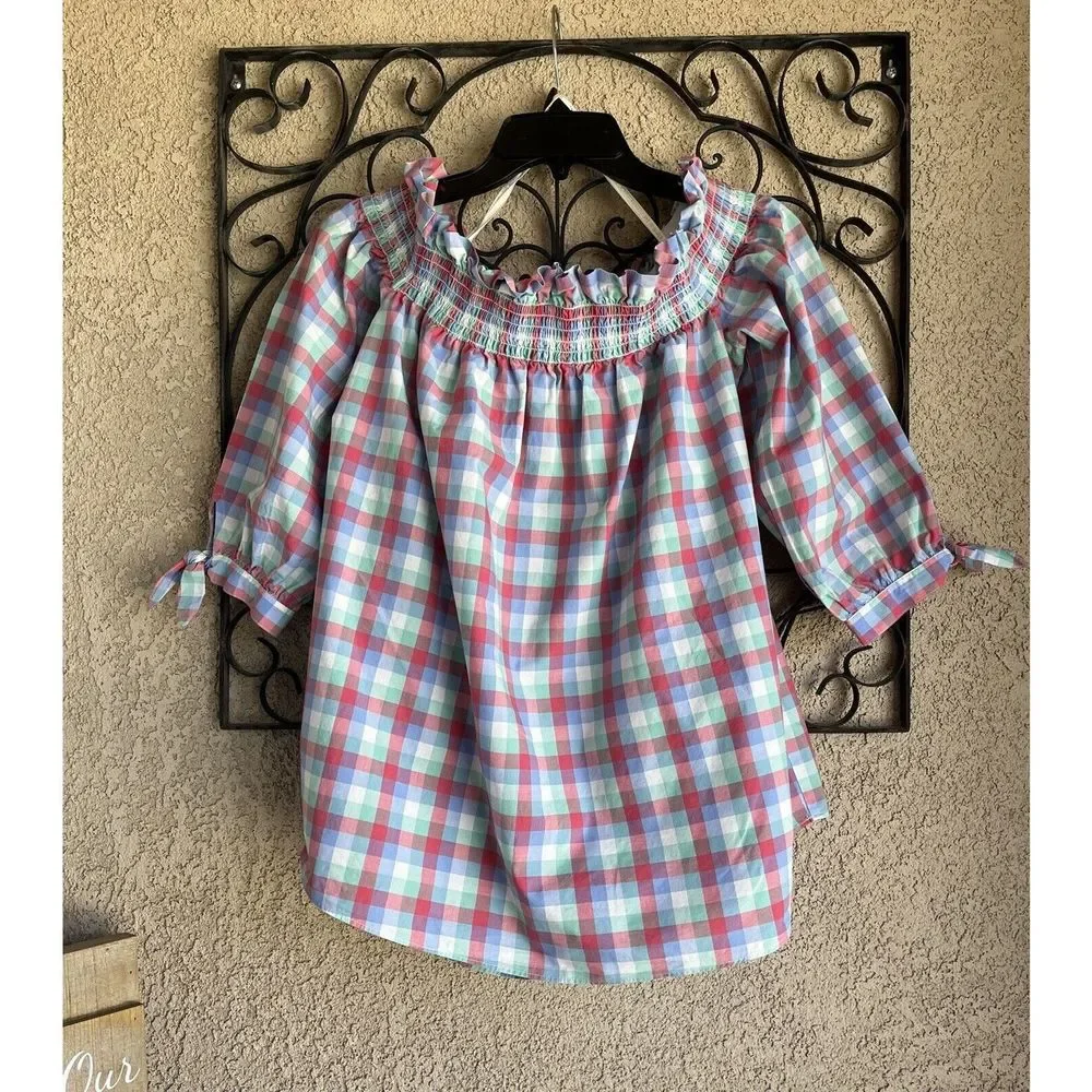 kate spade Pink and Light Blue Plaid Off-Shoulder Blouse